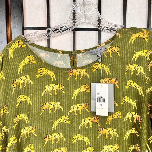 Anthropologie Conditions Apply Olive Green Tiger Print Ruffle Sleeve Dress - Picture 8 of 15